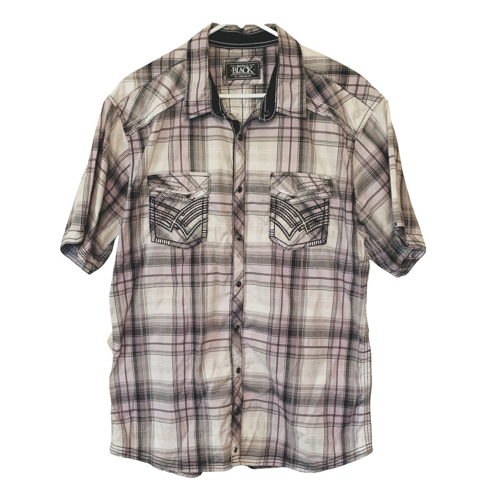 BUCKLE Black Pearl Snap Shirt Mens XL Black Gray Plaid Short Sleeve Athletic Fit